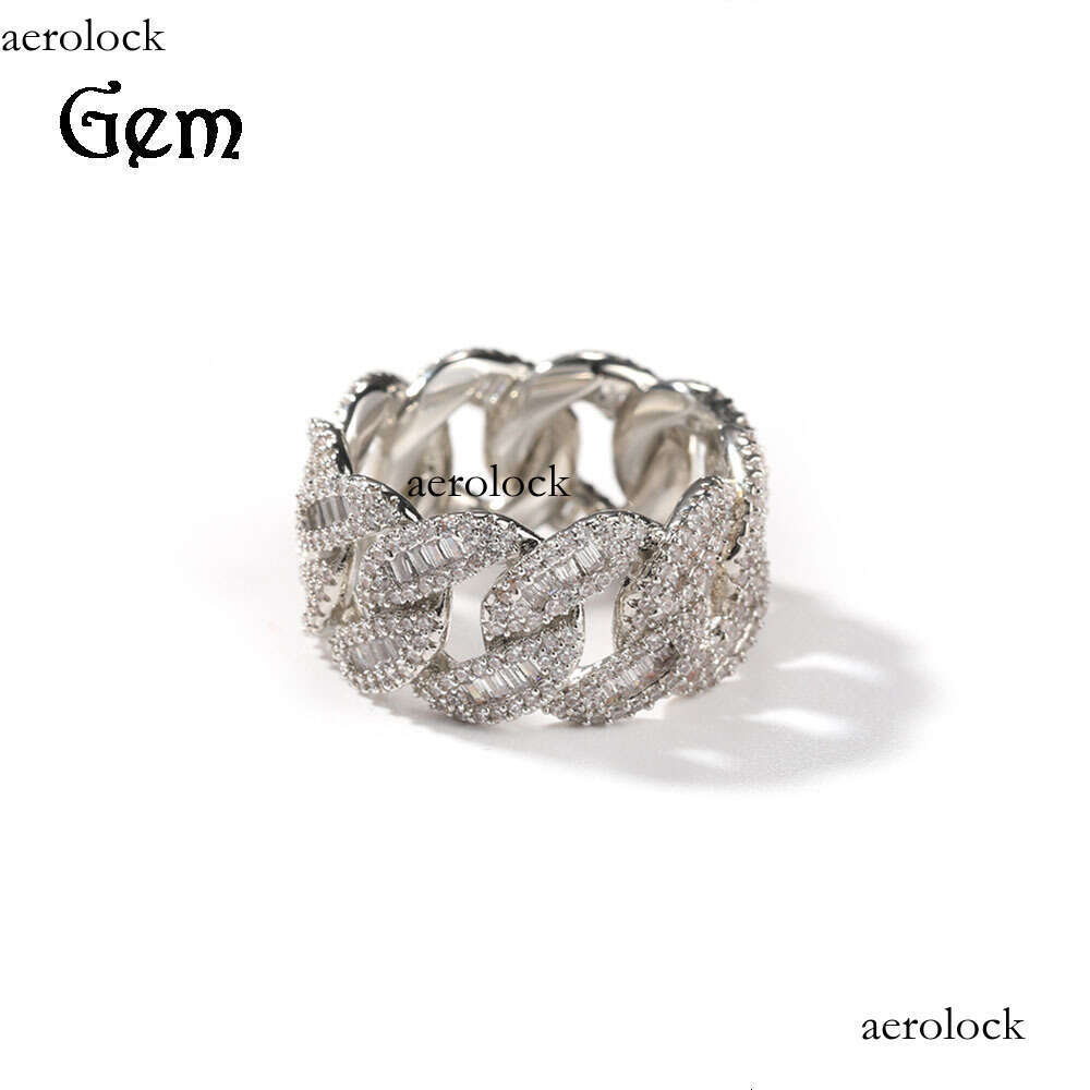 Sterling Silver Square Diamond Hip-Hop Fashion Street Niche Unisex Moon-Shaped Cuban Ring