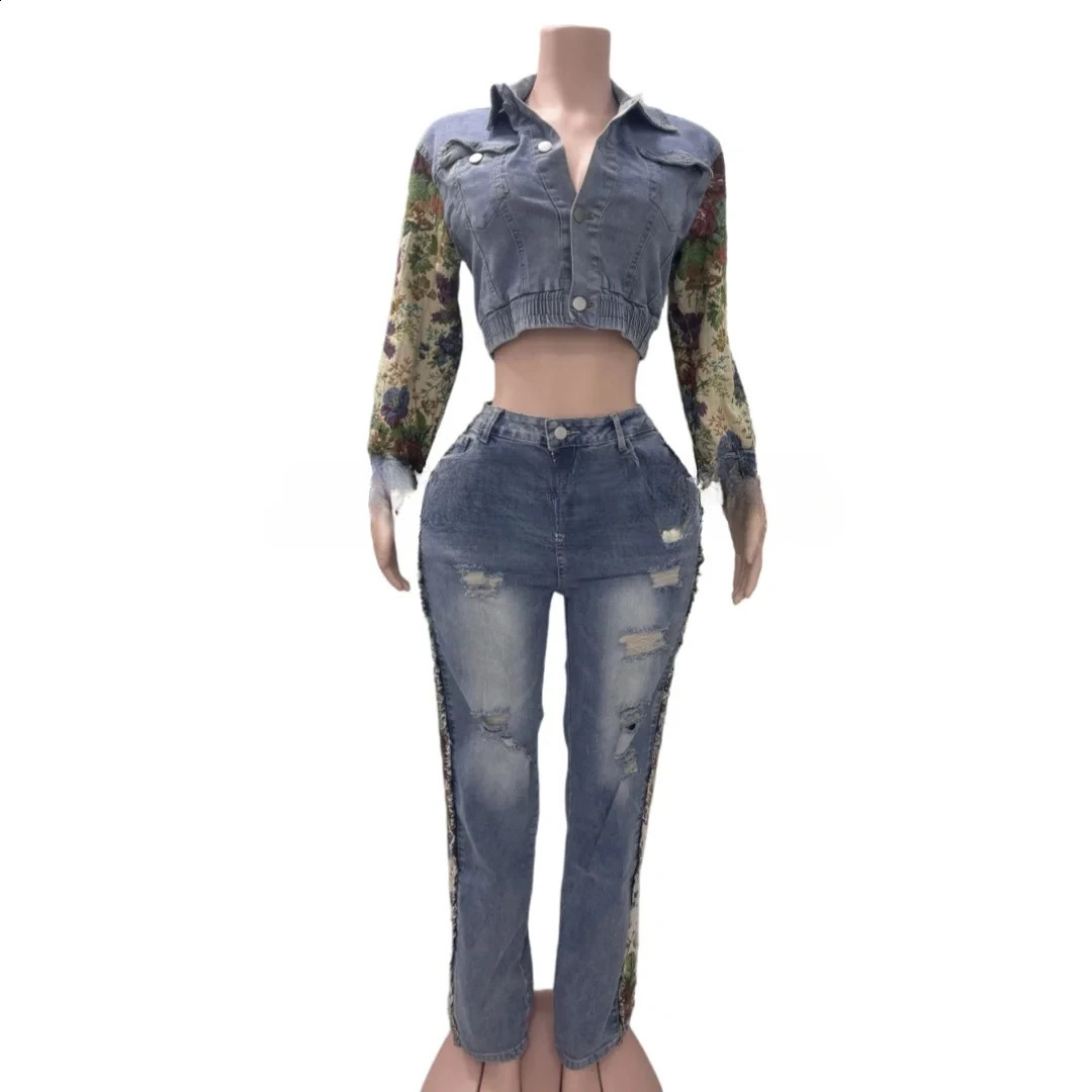 BWQ Women 2 Piece Set Outfit Fashion Pocket Ruched Print Patchwork Denim Crop Jacket High Waist Stretchy Jeans Streetwear 2025 250808