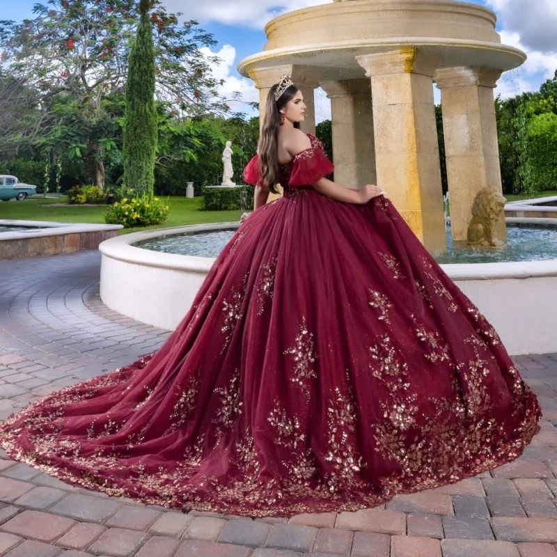 Red Quinceanera Dresses Ball Gown Off The Shoulder Applique Lace Beads Tull Party Birthday Sweet 16 Dress Vestido De 15 Anos