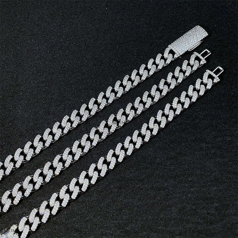 Wuzhou Straight 10mm Sterling Silver Inlaid Moissanite chain Cuban Chain Hip Hop Trendy Brand Unisex Accessories Bracelet Necklace