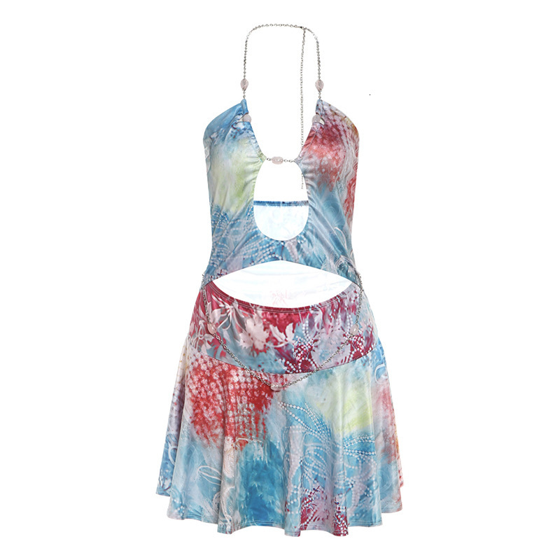 2025 Summer New Womens Fashion Halter Neck Beaded Chain Printed Short Dress Sexy Vacation Dress