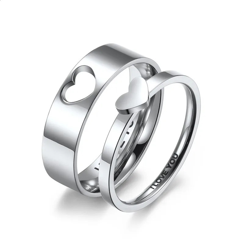 Stainless Steel Hollow Heart Puzzle Couple Rings I LOVE YOU Engraved Wedding Band Ring for Women Men Size 5-12 250805