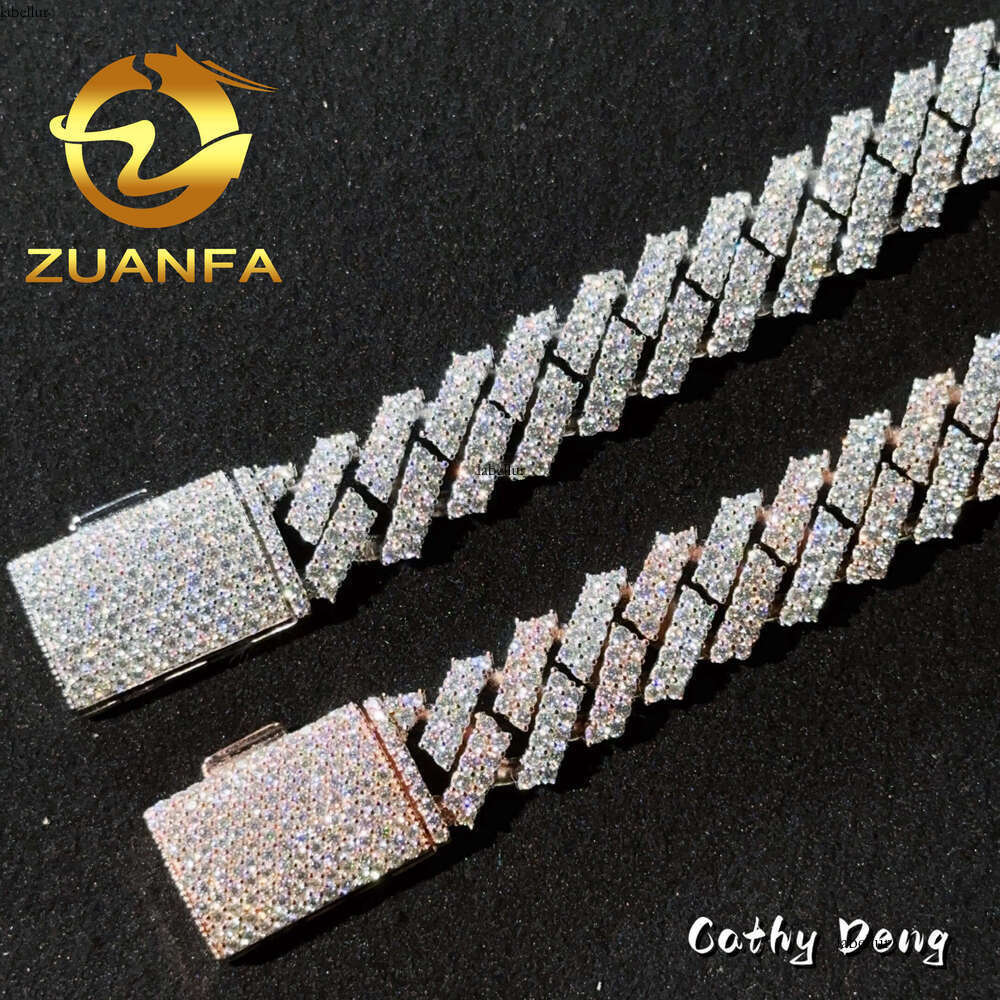 Instock Two Tone 15Mm 2 Row Vvs Moissanite Cuban K Sier Iced Out Hip Hop Bracelet