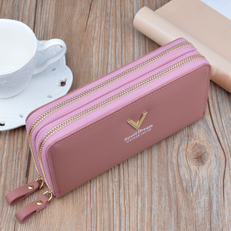 New Women's Wallet Double Designer Bag Zipper Luxury Bag Long Clutch Fashion Simple Lychee Texture Large Capacity Double Layer Wallet Phone Bag