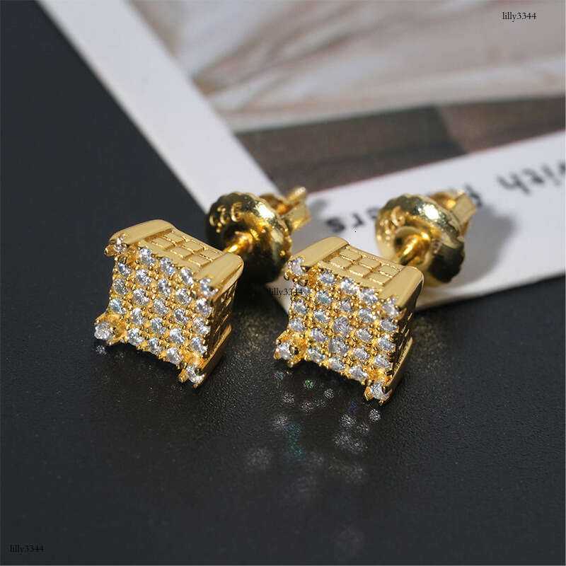 Hip-Hop Classic Square Unisex Sier Moissanite Full Inlay Personality Trendy Brand Earrings