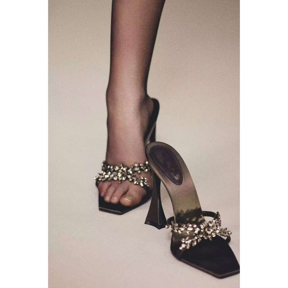 35-43 Plus Size 2025 Spring New Women's Designer shoes Shoe Square Toe Cross Rhinestone Satin Sandals Thin High Heel Elegant