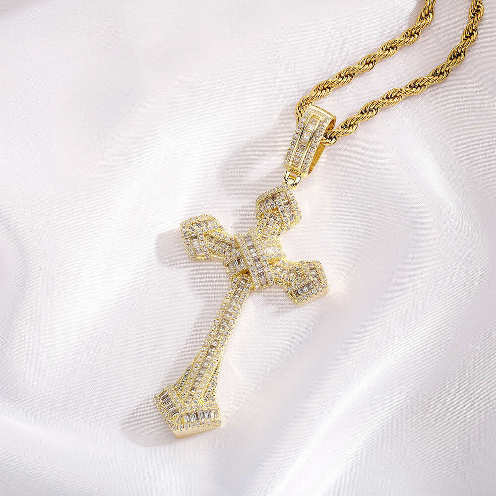 Sterling Silver Inlaid Moissanite chain Full Dia Trapezoid Large and Small Cross Pendant Hip-Hop Trendy Men's Necklace Accessory