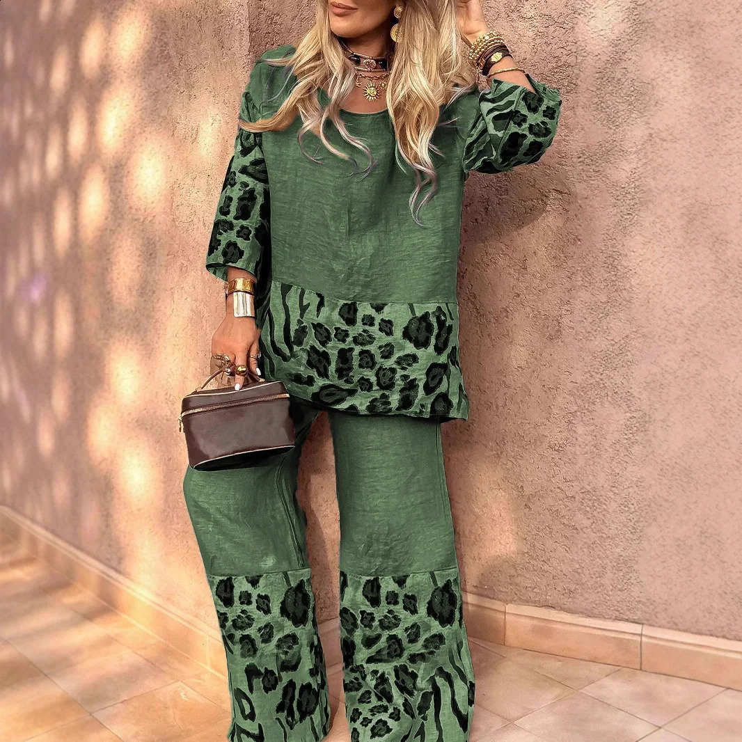 Fashion Vintage Leopard Print Two Piece Set Women Loose Seven-quarter Sleeve Tops Wide Legs Trousers 2 Piece Sets Spring Autumn 250808
