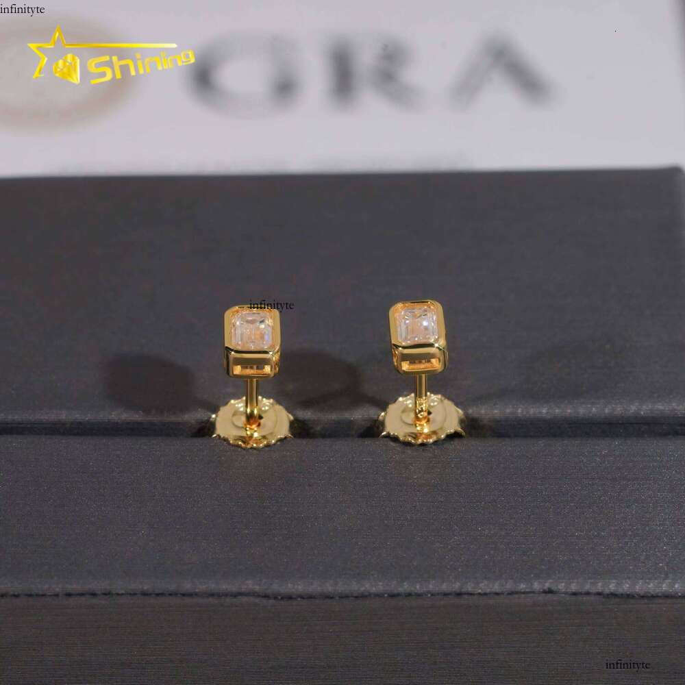 New Arrival Hip Hop Gold Plated Bezel Setting Emerald Cut Moissanite Sier VVS Dia Earrings