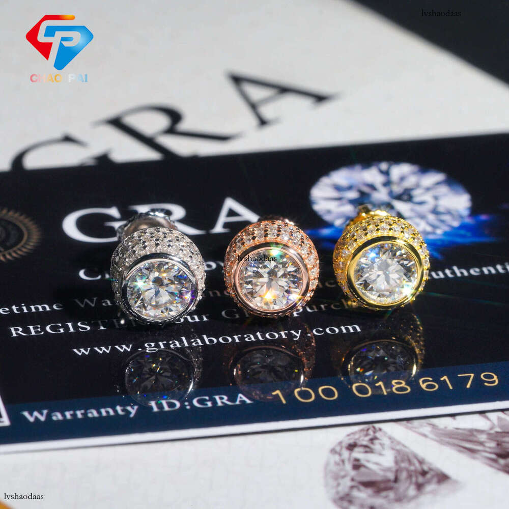 Trade Sier Gold-Plated Main Stone 6.0 Round Moissanite Stud Earrings Jewelry