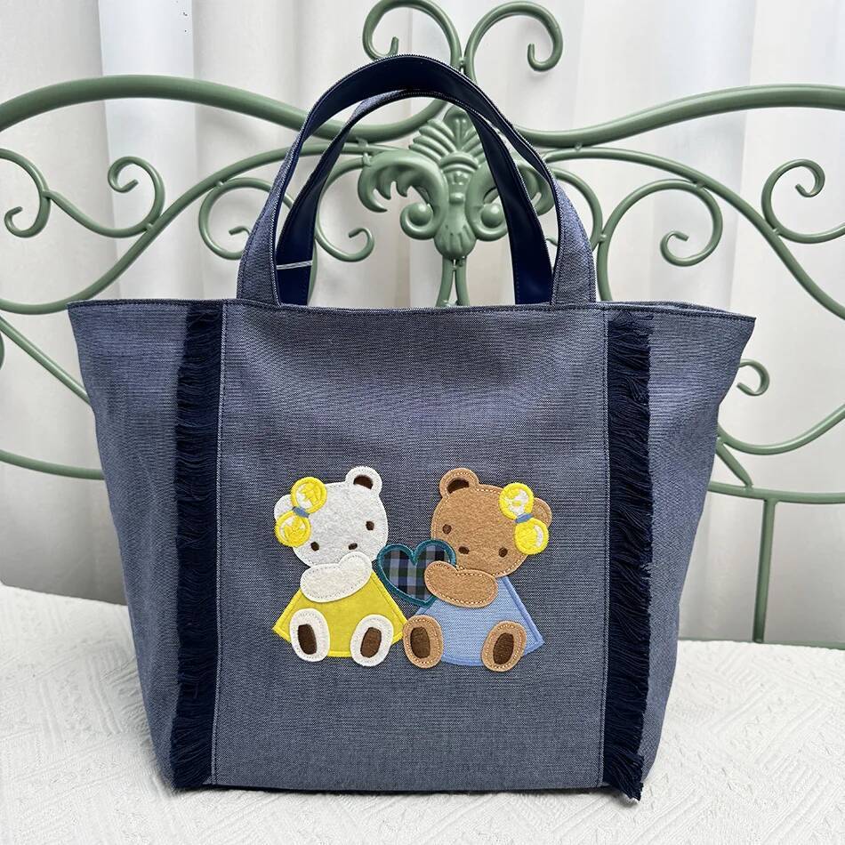 New Women Cute Bear Embroidery Handbag Large Capacity Lightweight Casual Card Ladies Denim Tote Bag 780842