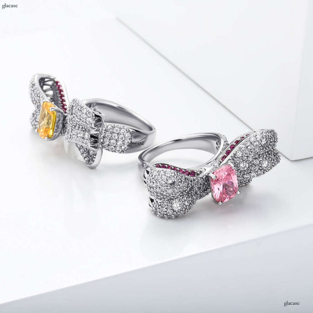 INS Full Zircon Colorful Bowknot for Women Hip-Hop Personality Simple Ring Jewelry