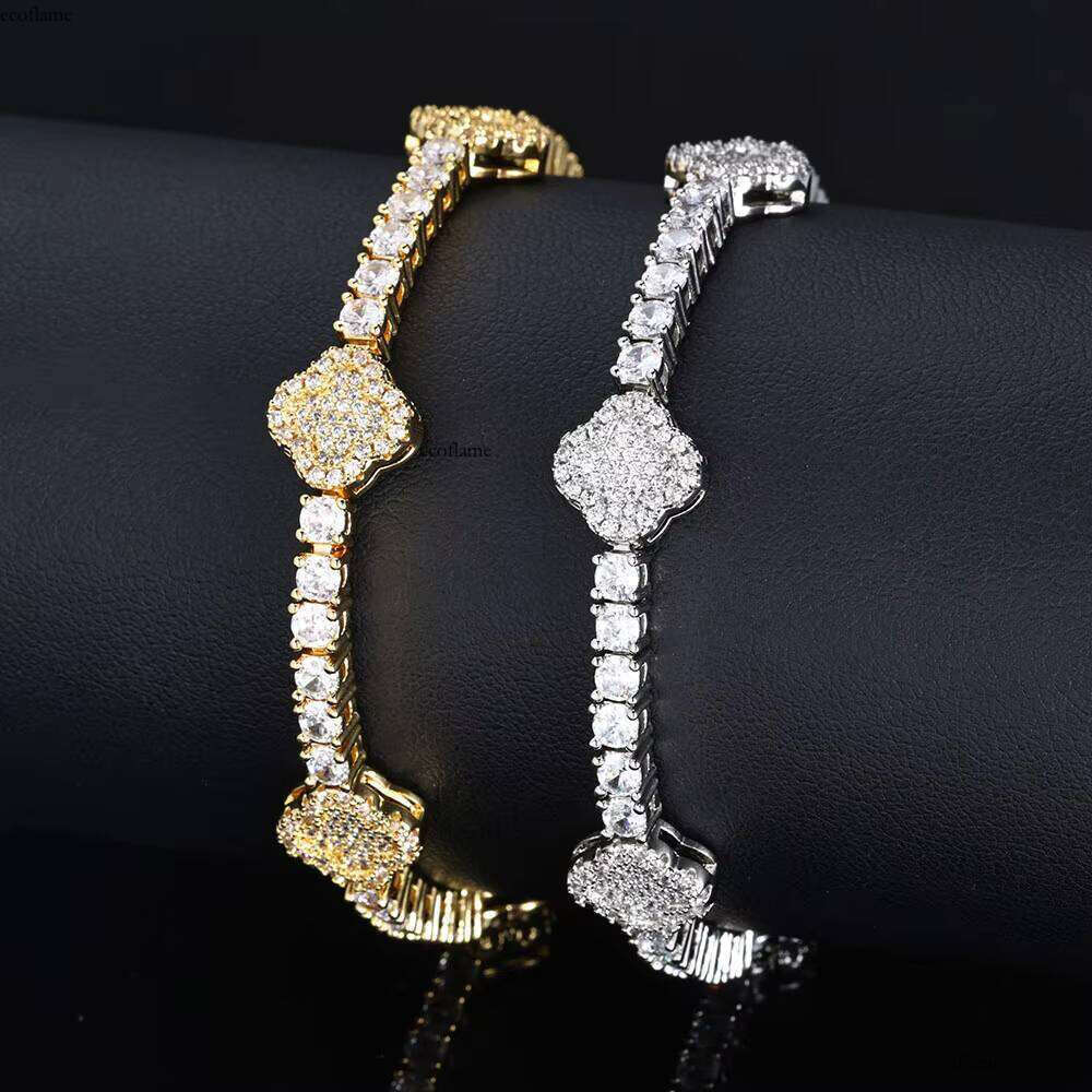 NUOYA Fashion Jewelry Small Four Leaf Clover Tennis Bracelet Gold Plated Brass Cubic Zirconia Chain & Link Bracelets for Women