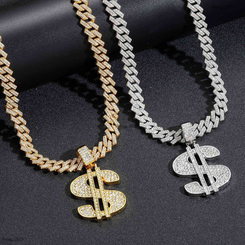Necklace Hip Hop Dollar Sign Pendant Full Dia Rhombus Cuban Chain Men's Unique Trendy Accessories