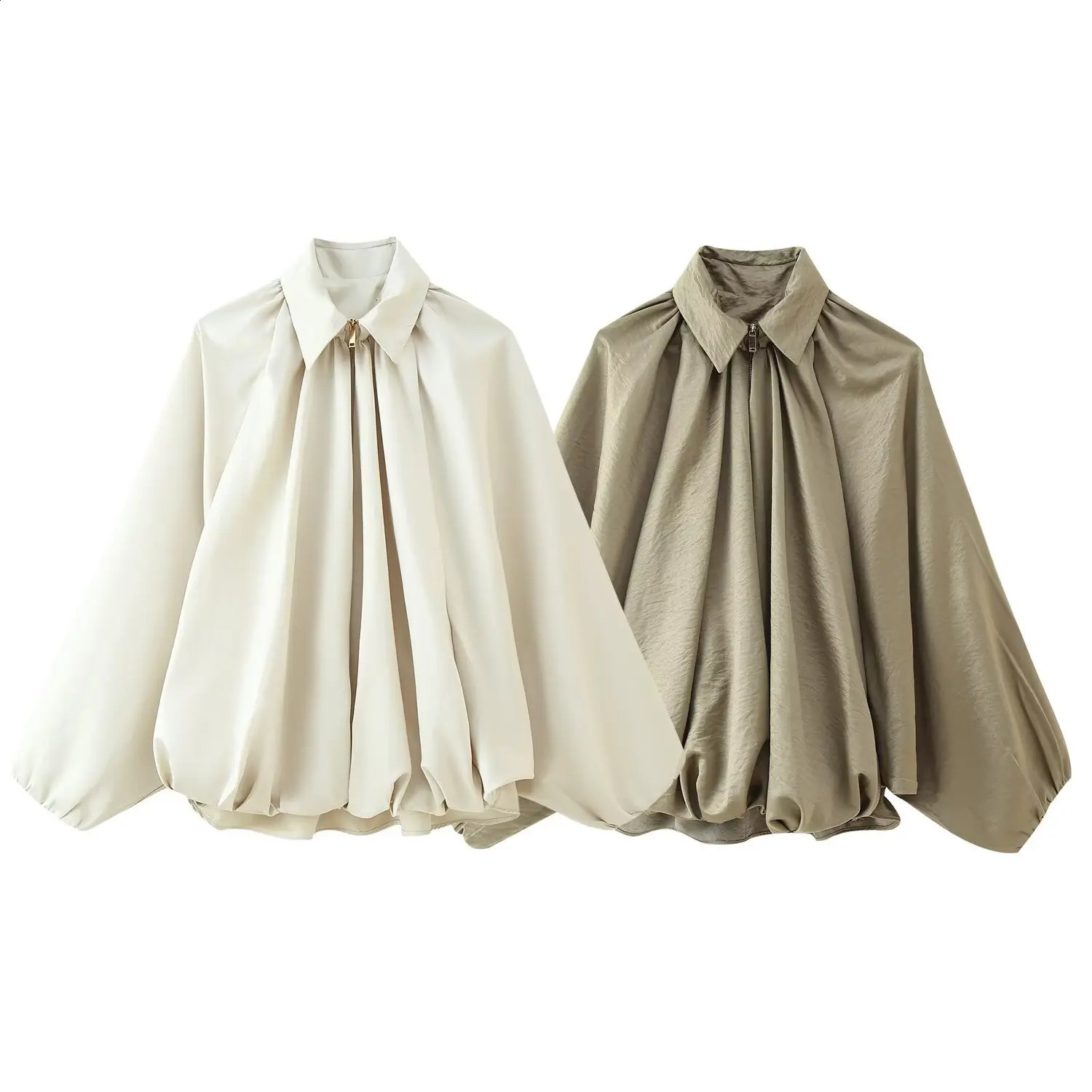 Fashion Womens Casual Zipper n Solid Color Jacket Spring Lapel Batwing Sleeve Pleated Loose Top 250809