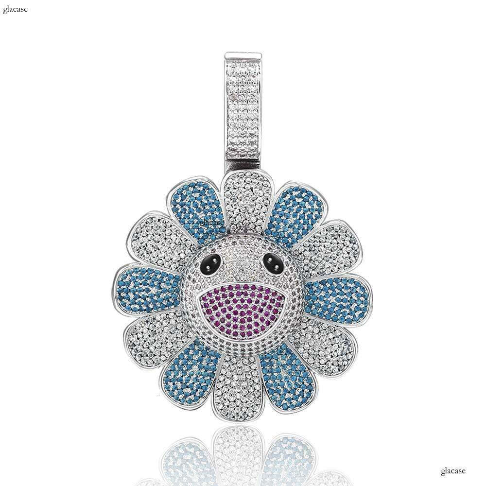 Hip-Hop Rotatable Murakami Suower Trendy Brand Personality Sterling Silver Inlaid Moissanite chain Pendant Necklace
