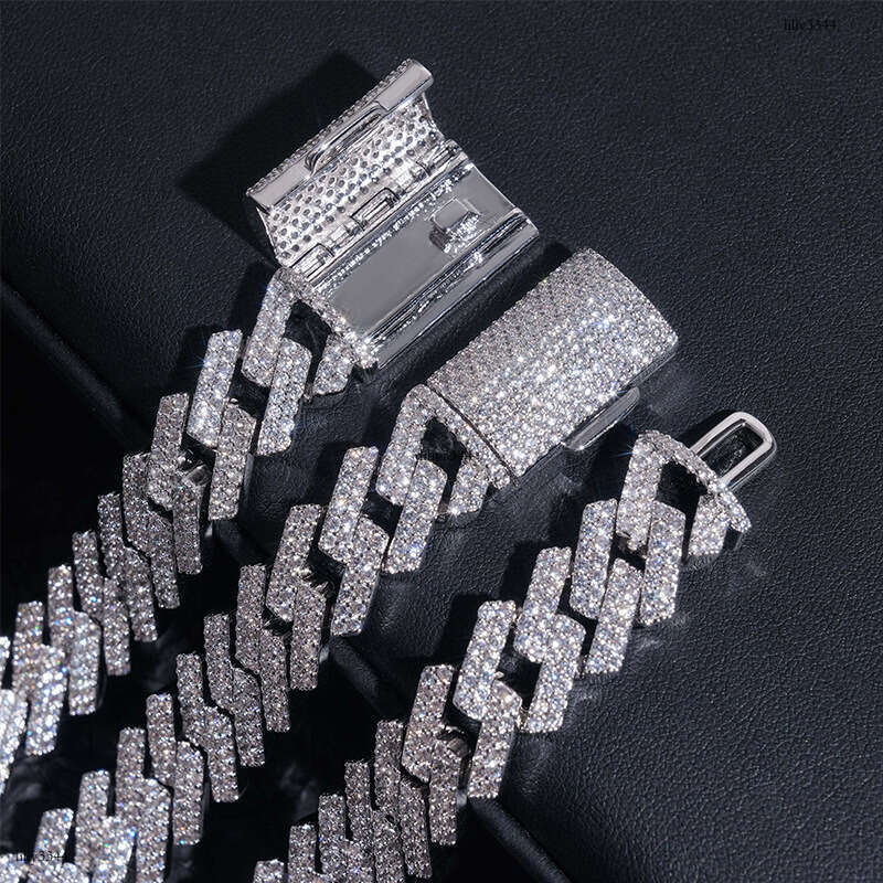 15mm Rhombus Sterling Silver Inlaid Moissanite chain Cuban Chain Hip Hop Men's Trendy Brand Bracelet Necklace