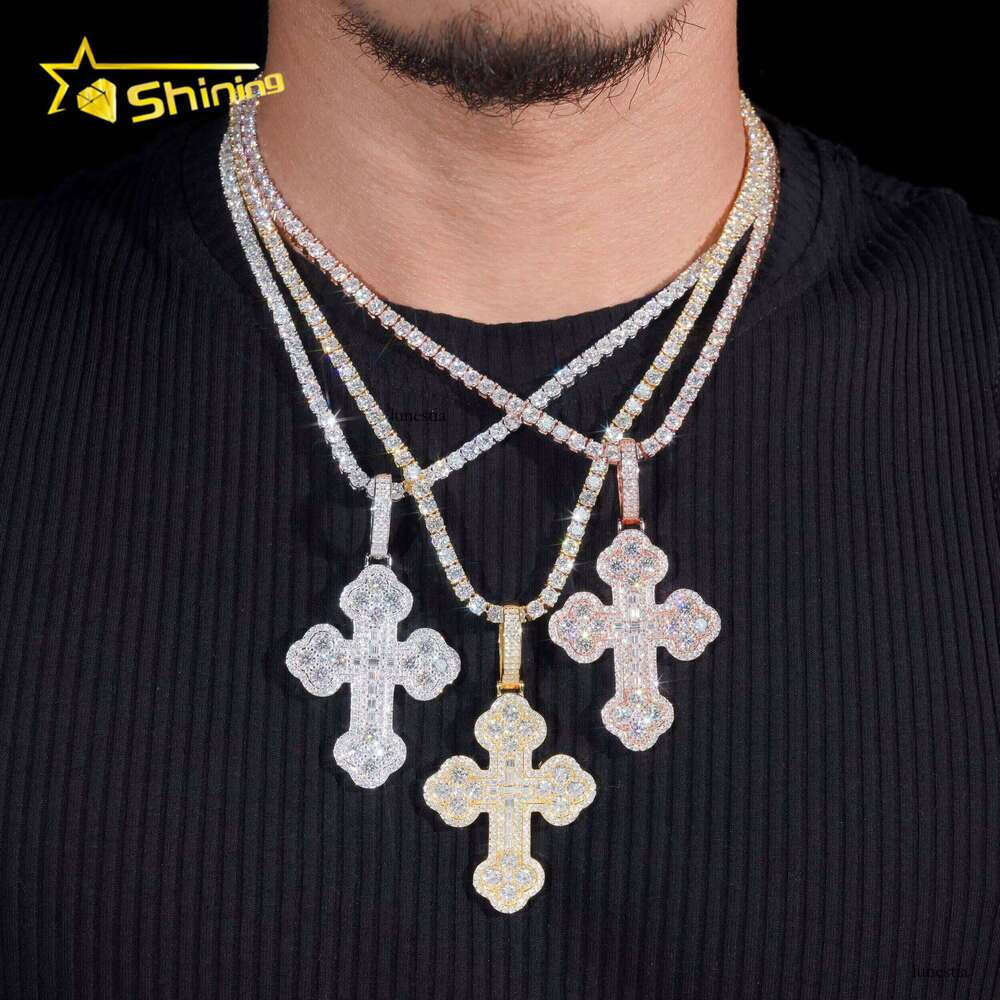 Custom Tennis Chain Sterling Sier Vvs Moissanite Hip Hop Iced Out Jewelry Fashion Cross Pendant