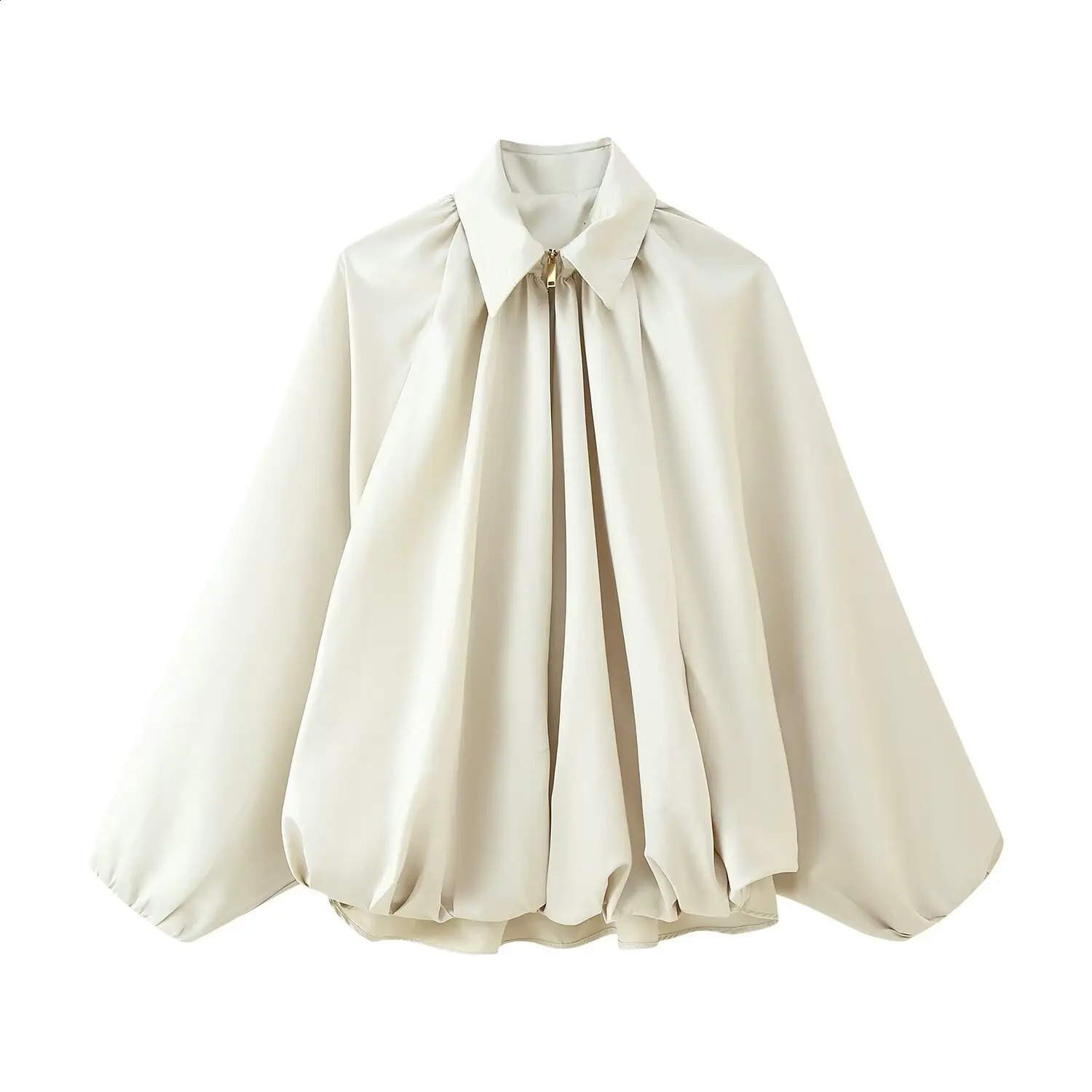 Fashion Womens Casual Zipper n Solid Color Jacket Spring Lapel Batwing Sleeve Pleated Loose Top 250809