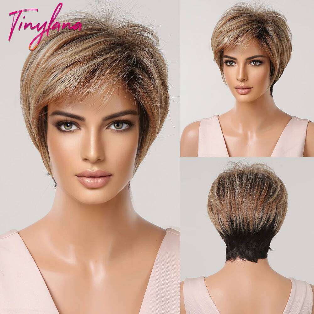 Light Blonde Ginger Synthetic Wigs Straight Short Pixie Cut Ombre Brown Wig with Fluffy Bangs for Women Natural Heat Resistant