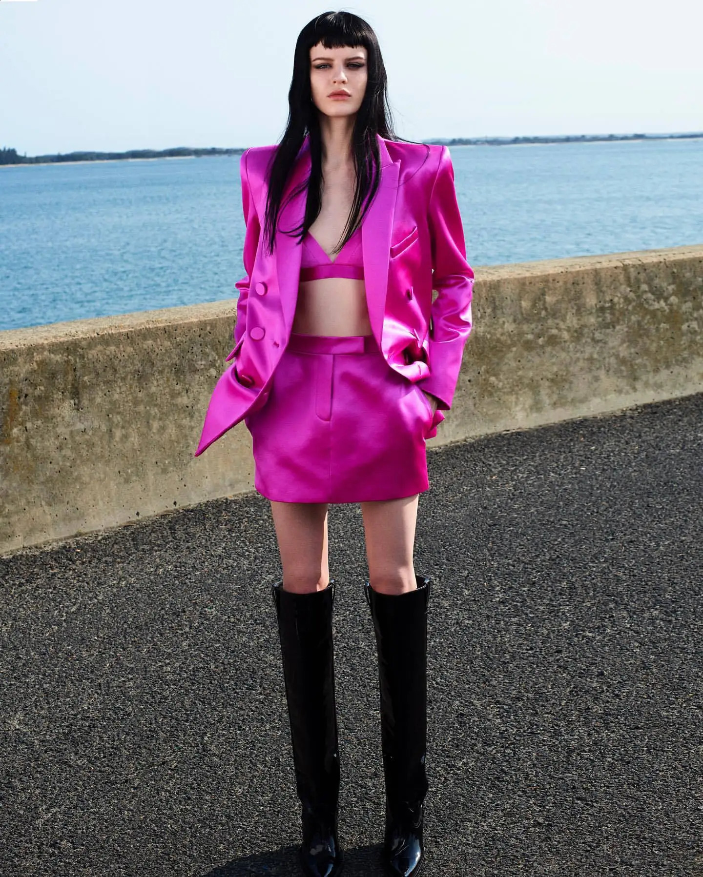 HIGH STREET est 2025 Runway Suit Set Womens Satin Double Breasted Blazer Camis Mini Skirt Suit 3pcs Set 250808