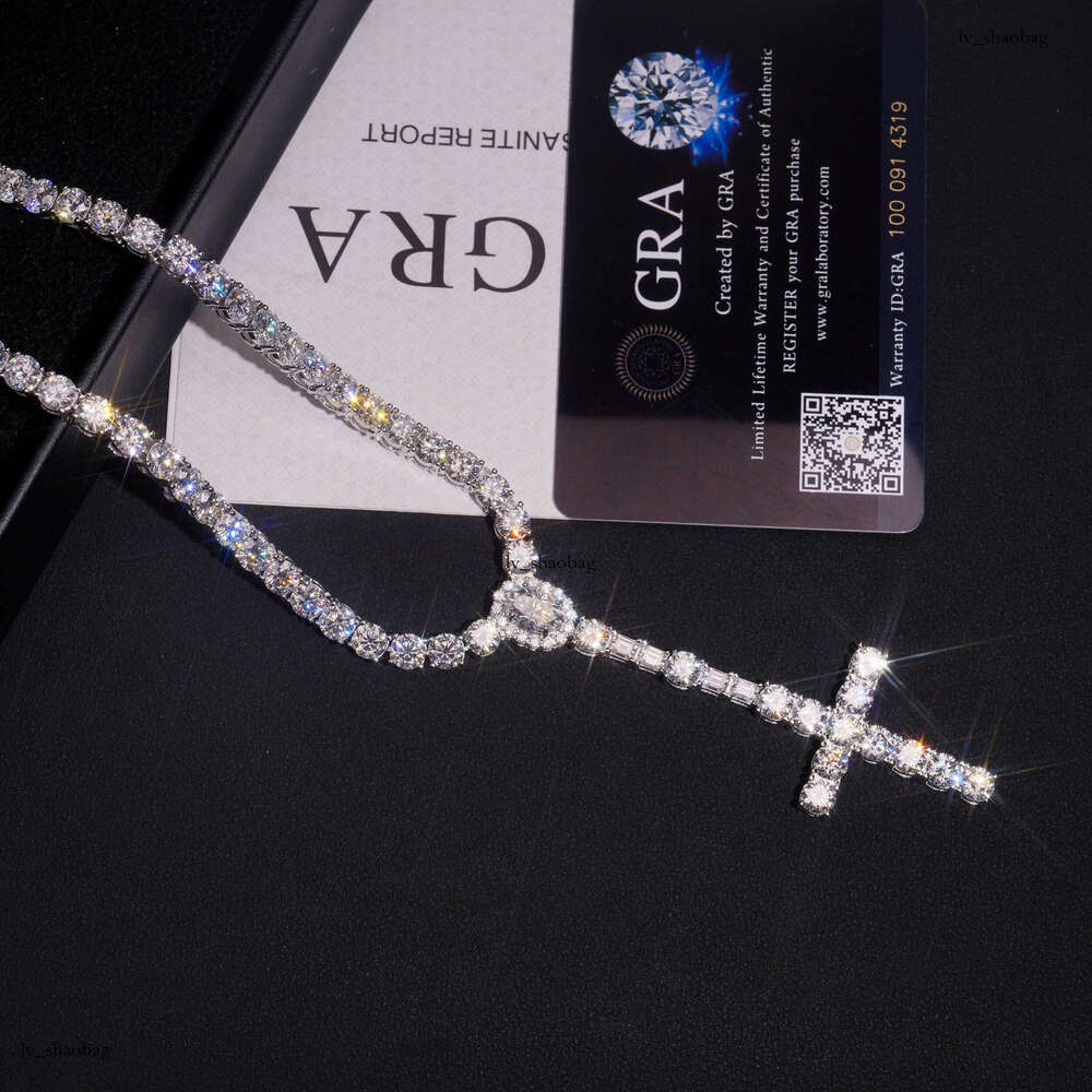 New Sier Full Inlaid Moissanite Tennis Chain Cross Integrated Necklace for Men and Women Jewelry
