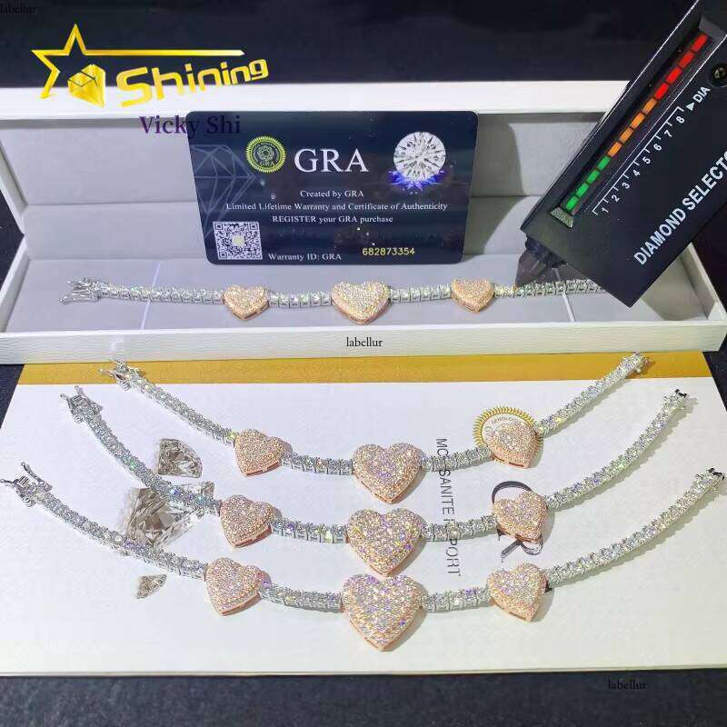 Worldwide Shipping Sier Two Tone Three Heart Tennis Bracelet Custom Men Women Hip Hop Moissanite Bracelets