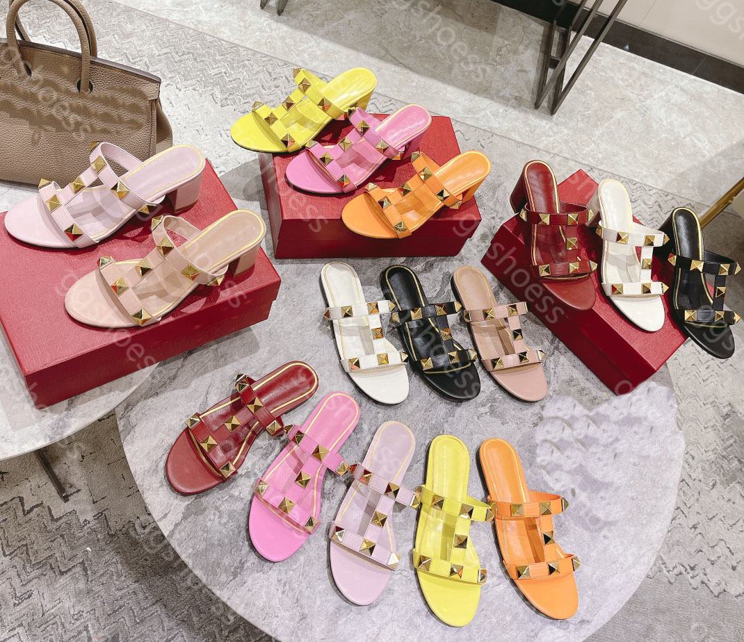60 Mm Rockstud Sandal Designer Slippers Womans ockstud Sandal Calfskin Flat Sandals Fashionable leisure nappa sandal