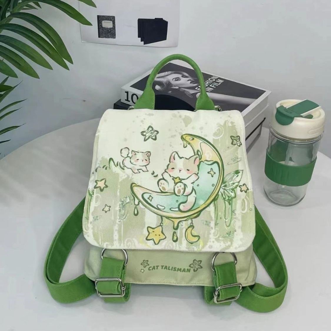 Green Cute Backpack for Women, Unique Design Canvas Bag, Small Backpack, New Style ddmymoon