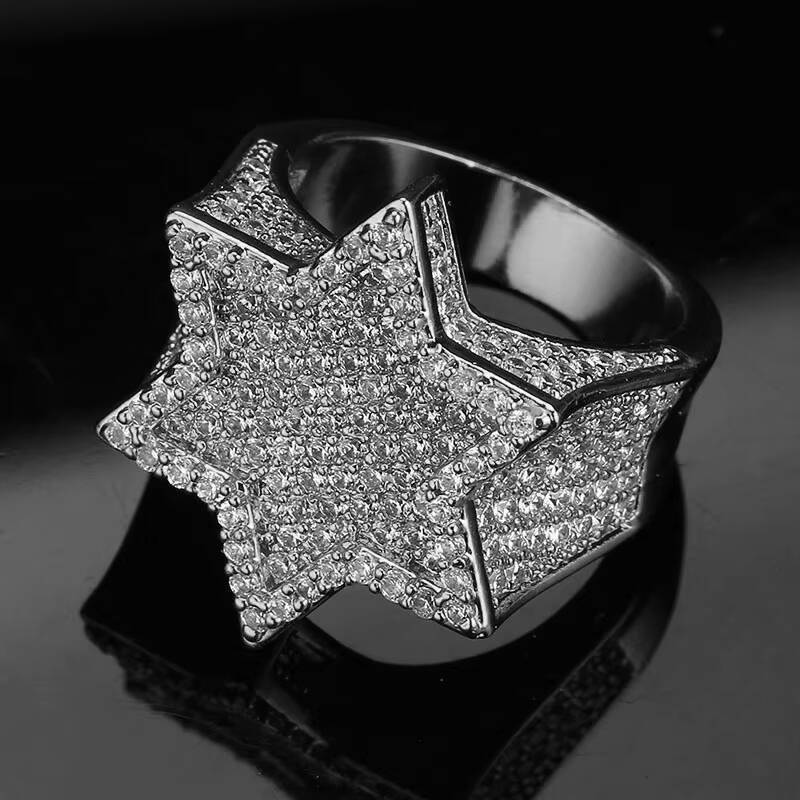 Moissanite Bedazzled Chunky Six Pointed Star Championship Rings Hip Hop Fashion Ring Outfit Jewelry