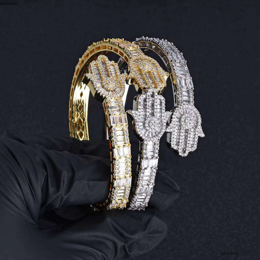 NUOYA Hip Hop Jewelry Micro Pave Baguette CZ Stone Iced Out Hamsa Hand Charm Bangle Bracelet for Men Women