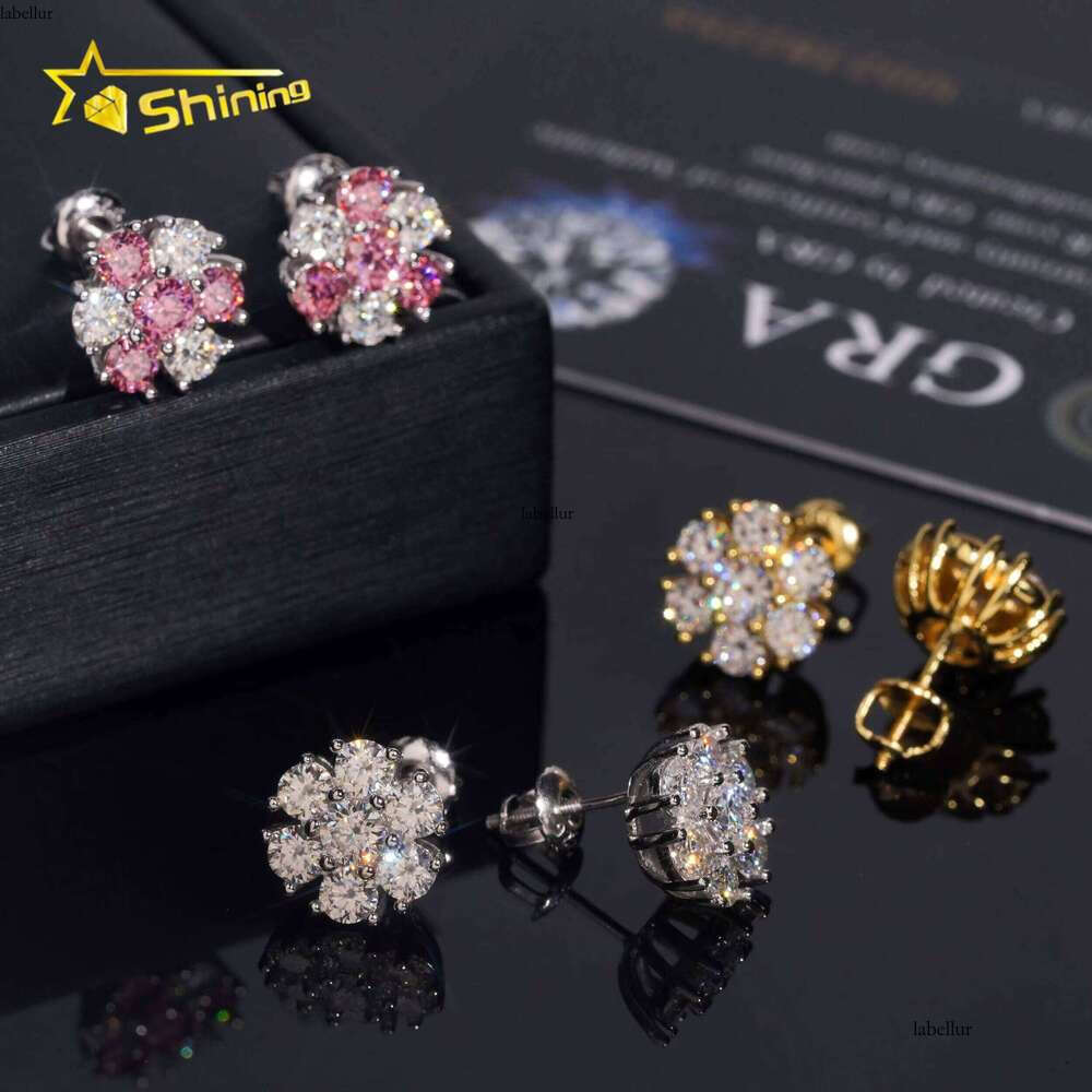 High Quality Hip Hop Pink Screw Back Sier Cluster Flower Men's VVS Moissanite Earrings
