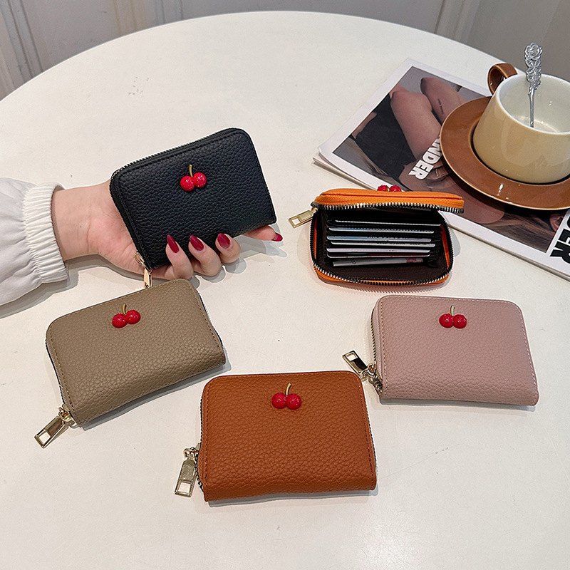 Zipper New Style Women's Cherry High-end Accordion Card Holder Multi-card Luxury Bag Designer Bag Slot Wallet Trendy Cross-border Wholesale Solid