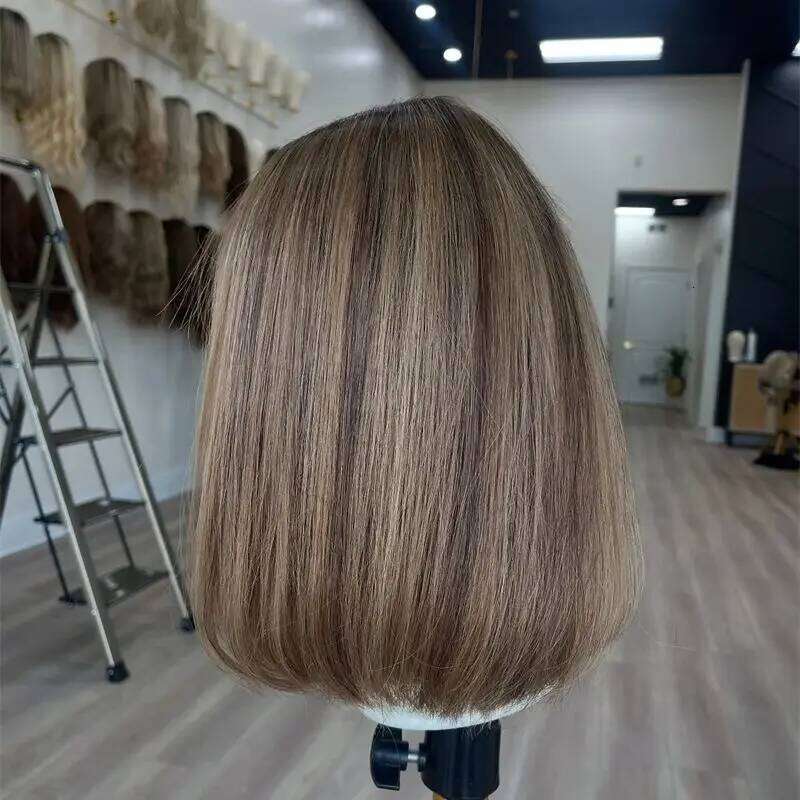 Ombre Honey Brown Blonde Lace Front Short Bob Dark Roots Heat Resistant Fibre Straight Wig Natural Preplucked Hairline 12''