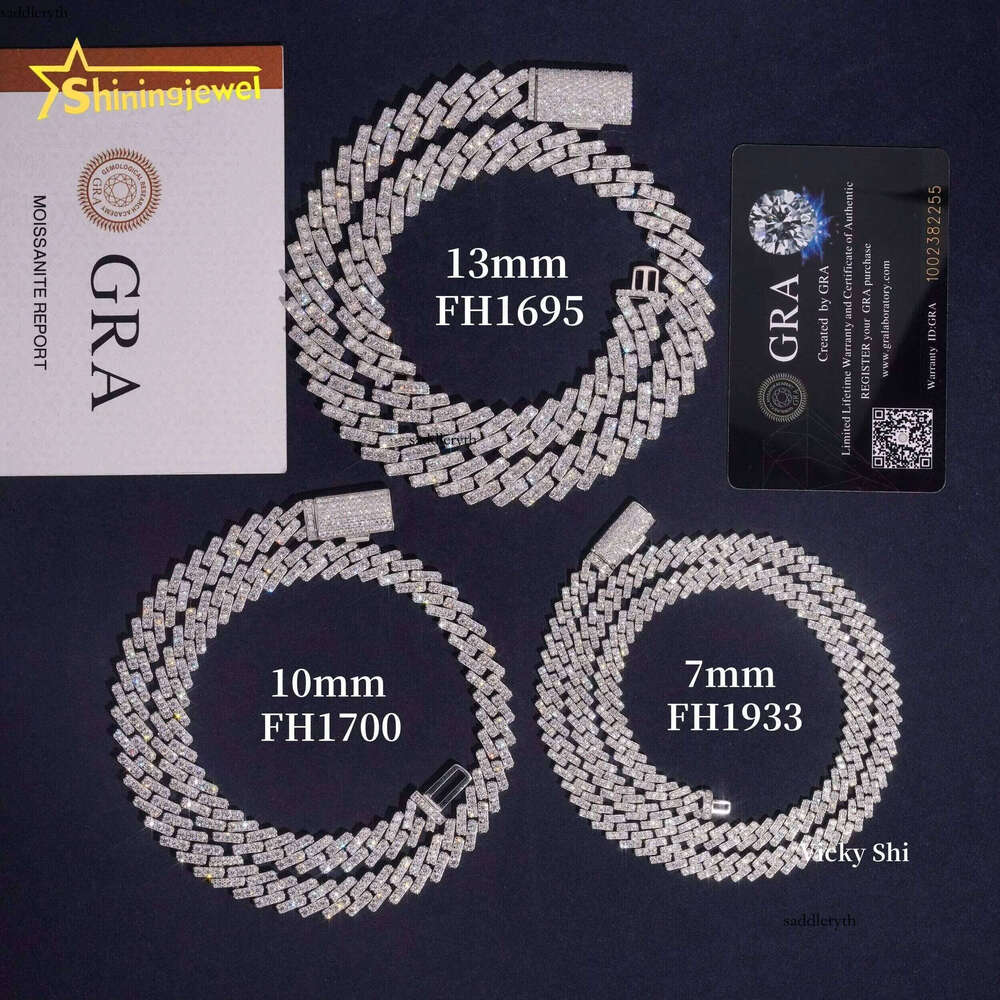 Sterling Sier Hip Hop 7mm 10mm 13mm One Row Cuban Necklace Men Women VVS Moissanite Chains Iced Out Link Chain