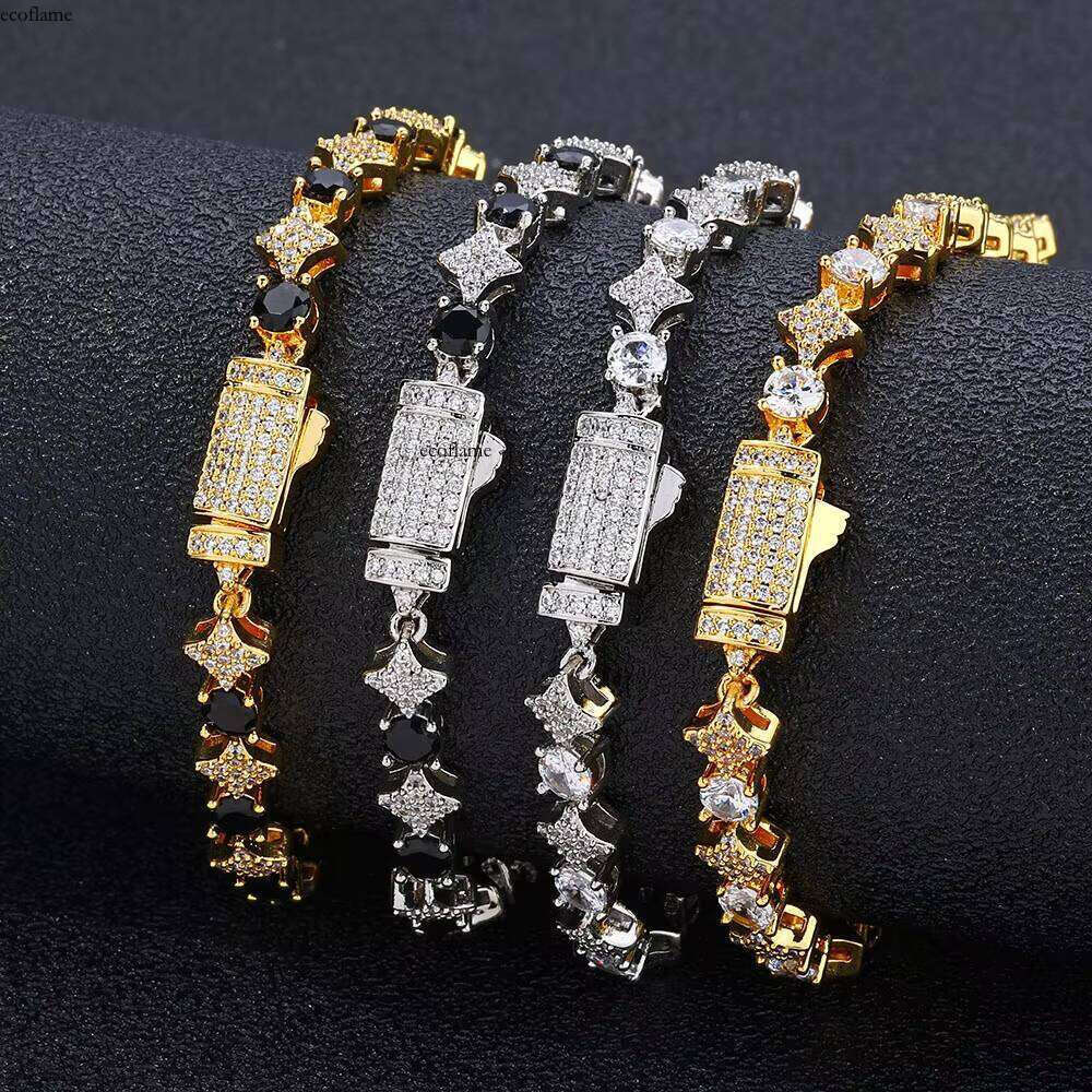 NUOYA High Quality Star Shape Chain with Black CZ Stone 6mm Sier Plated Tennis Bracelet Hip Hop Jewelry for Women/Men