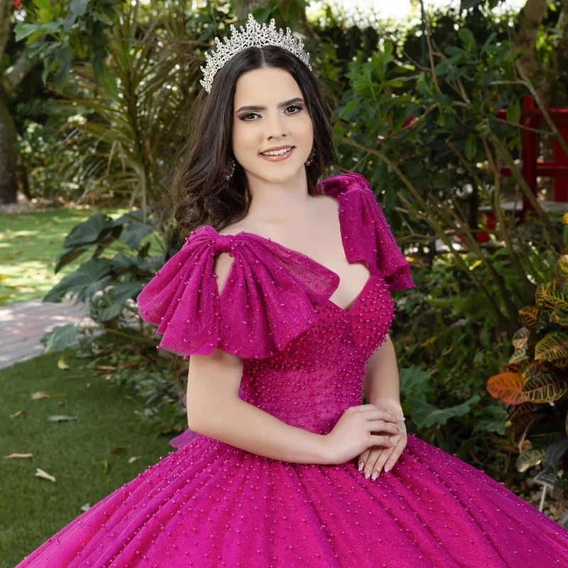 Rose Red Shiny Quinceanera Dresses Off The Shoulder Beading Pearl Tull Ball Gown Birthday Party Sweet 16 Dress Vestidos De Anos