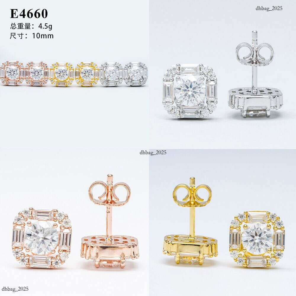 Hip-Hop Personality Trendy Style Unisex Square Moissanite Jewelry Electroplated Gold and Sier Stud Earrings