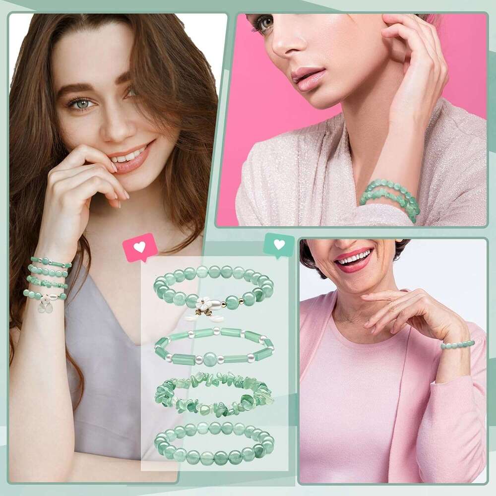 4 Pcs for Women Good Luck Wealth Green Aventurine Bracelet 8 mm Stretch Dongling Jade Beaded Spiritual Gift