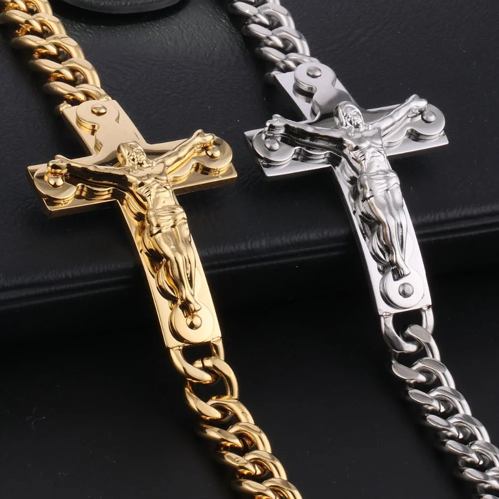 Crucifix Jesus Cross Charm Bracelets Stainless Steel Cuff Bracelets for Men Metal Cuban Hand Chain Religious Male Punk Jewelry 250805