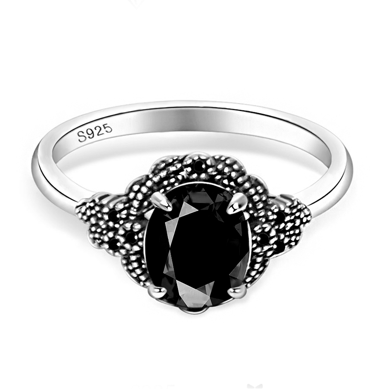 MT Vintage 2ct Oval Black Moissanite Ring for Women and Men -October Birthstone-925 Sterling Silver Art Deco Bridal Wedding Promise Ring for Her Hallo