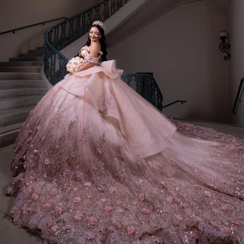 Pink Quinceanera Dresses Ball Gown Off The Shoulder Sequin Applique Flower Beads Tull Corset Party Birthday Sweet 16 Dress Vestidos 15 Anos