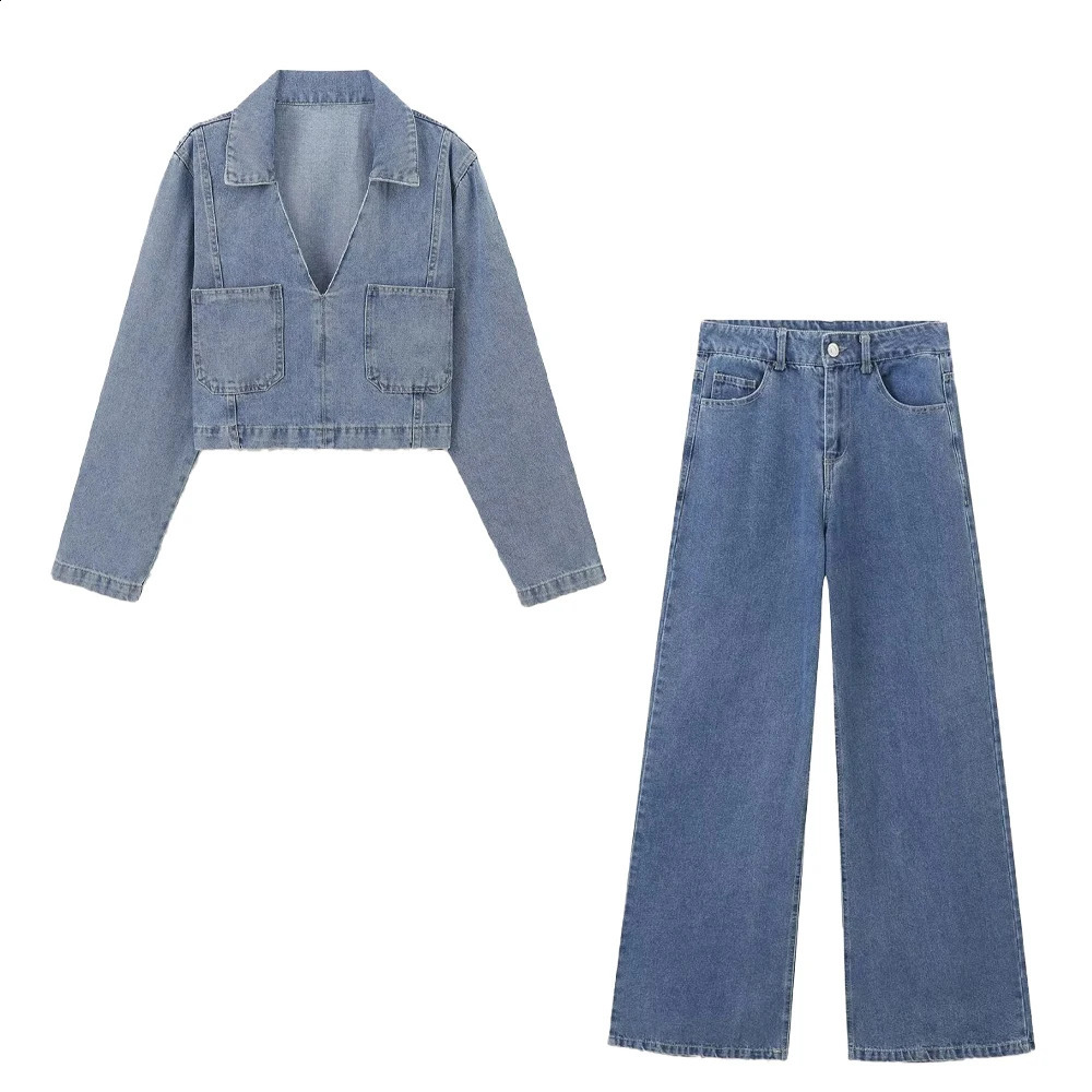 Taop Za Autumn Product Womens Fashion Casual Collar Long Sleeve Short Denim Shirt High Waist Wide Leg Jeans Set 250808