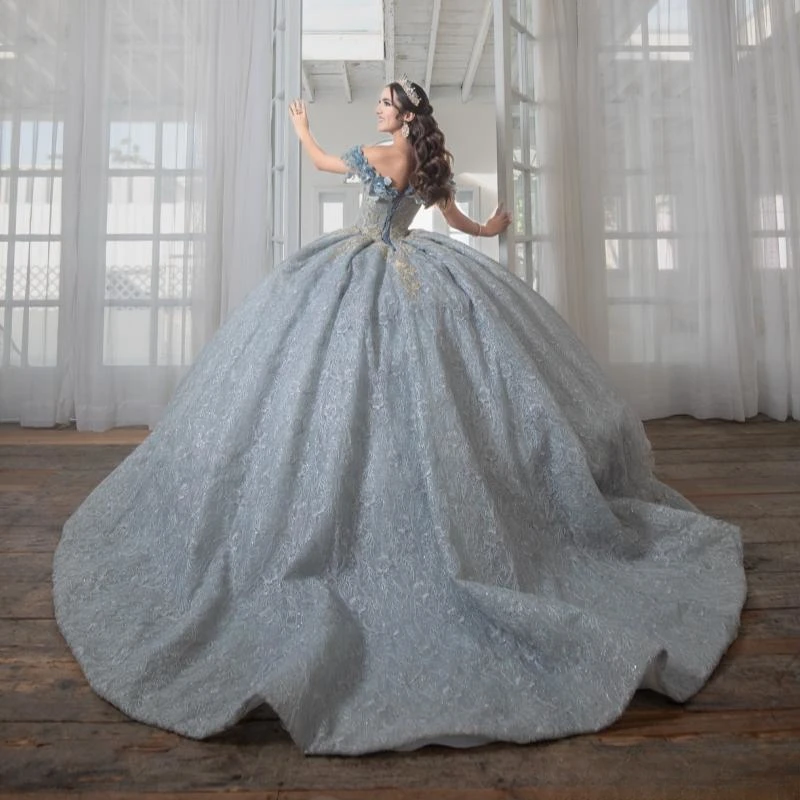 Silvery Quinceanera Dresses Ball Gown Applique Flower Beading Tulle Birthday Party Princess Sweet 16 Dress Vestidos 15 Anos