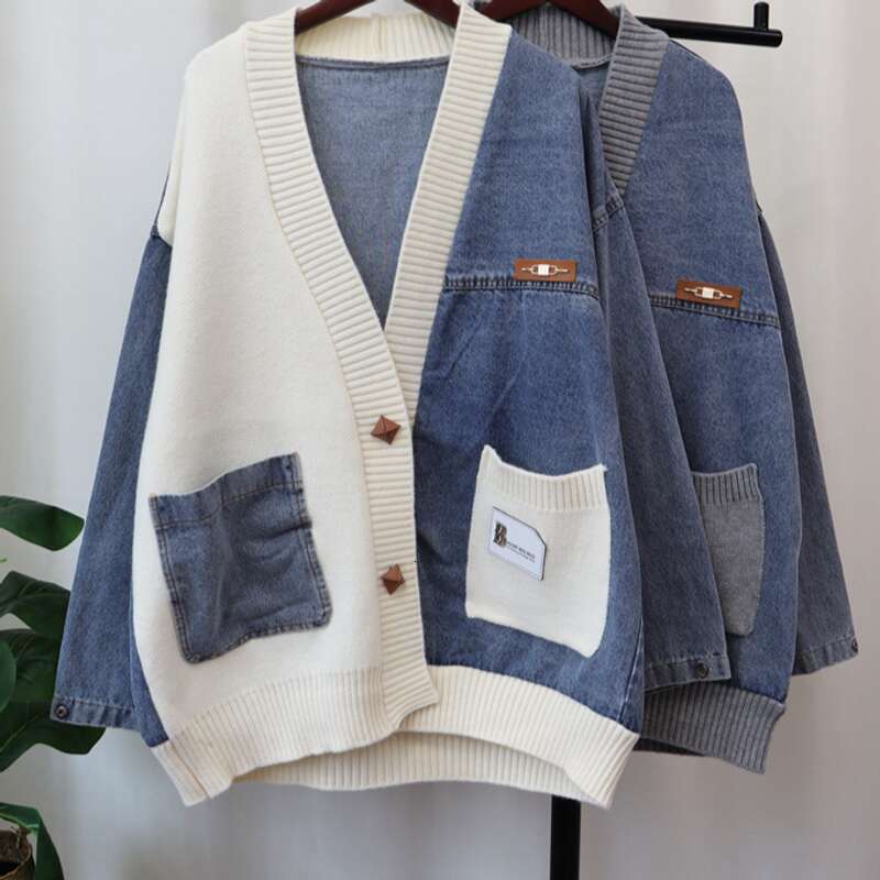 Women's Clothing Loose Lazy Style Denim Splicing Design Knitted Cardigan Women's Sweater Jacket