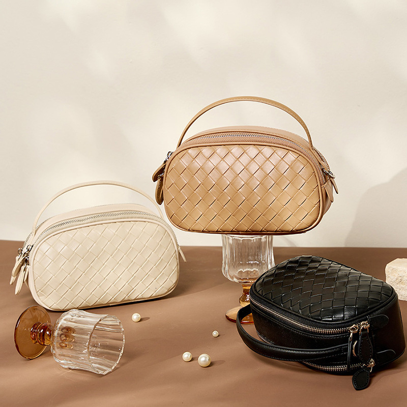 Summer New Genuine Leather Handbag Square Fashion Woven Double Zipper Shoulder Crossbody Small Casual Women's Bag
