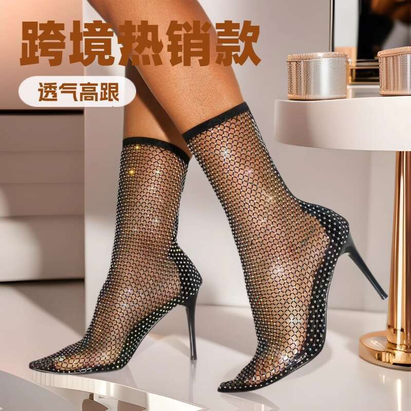 2025 Rhinestone Hollow Short High Heel Stiletto Sandals Sexy Nightclub Disco Lace Bling Boots