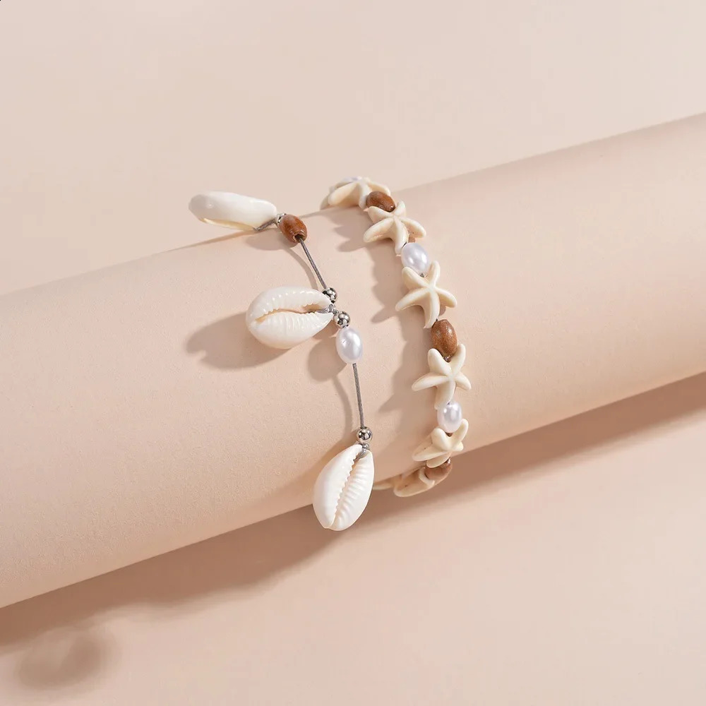 2Pcs Stylish Ocean Breeze Natural Shell Starfish Wood Beads Pearl Woven Adjustable Womens Anklets for Party Vacation Gift 250807