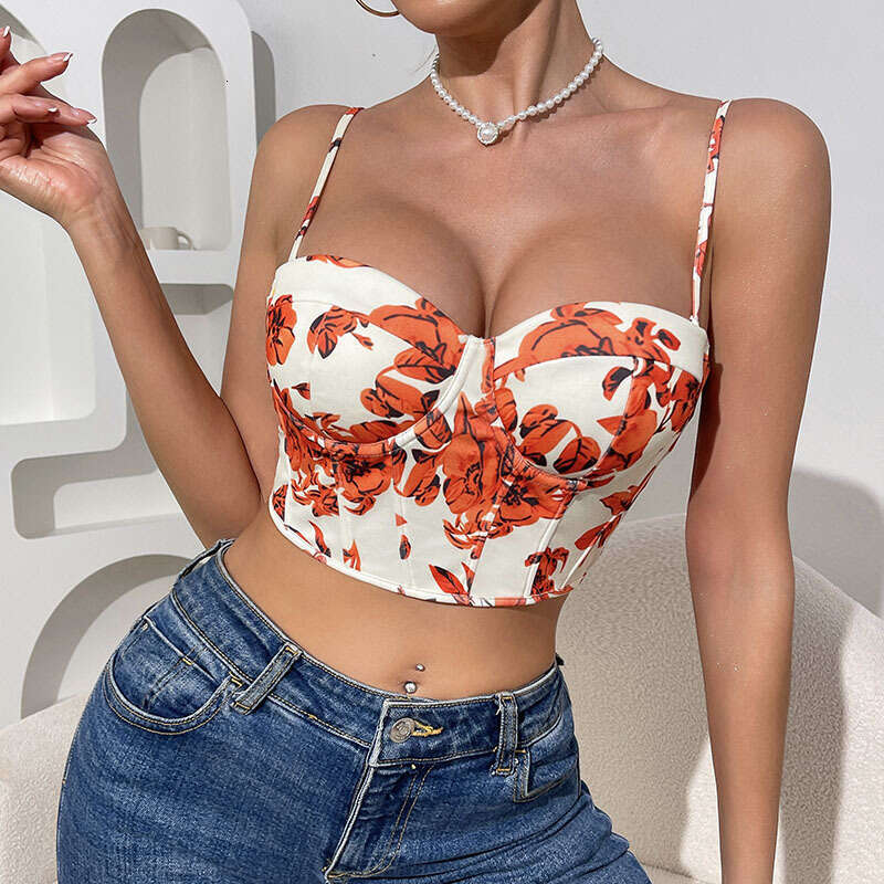 Sexy Floral Crop Printed Vest Fishbone Bra Bandage Slim Fit Tube Top