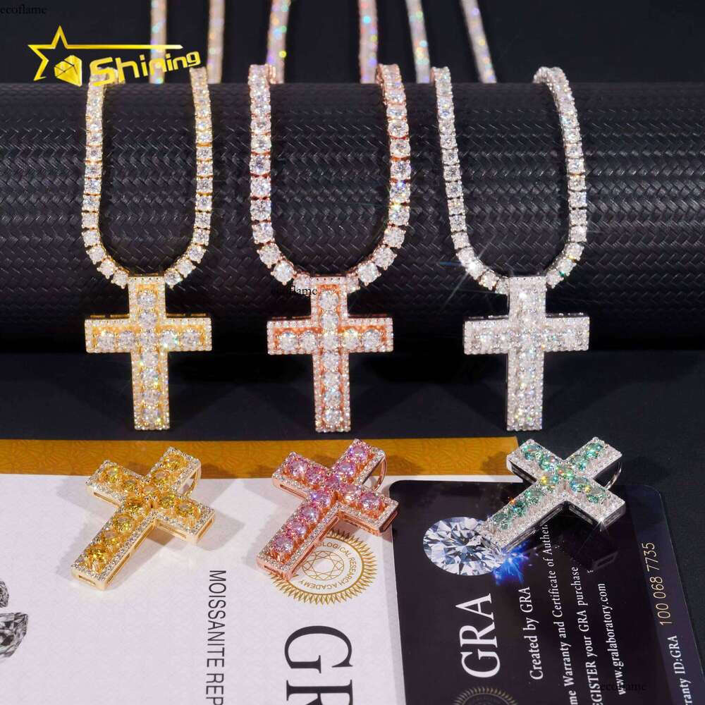Ready to Ship Valentine Gift Colorful Sier Gold Plated Iced Out Moissanite Cross Pendant